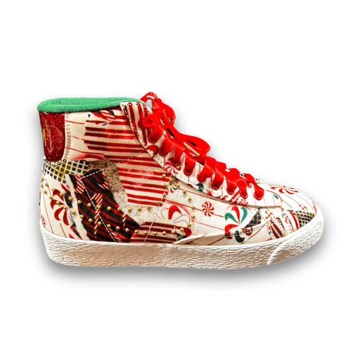 Nike Blazer Mid Sneakers QS 2015 Studded Christmas Sneakers II Wrapping Paper Women Low Sneaker Jawns on Fire