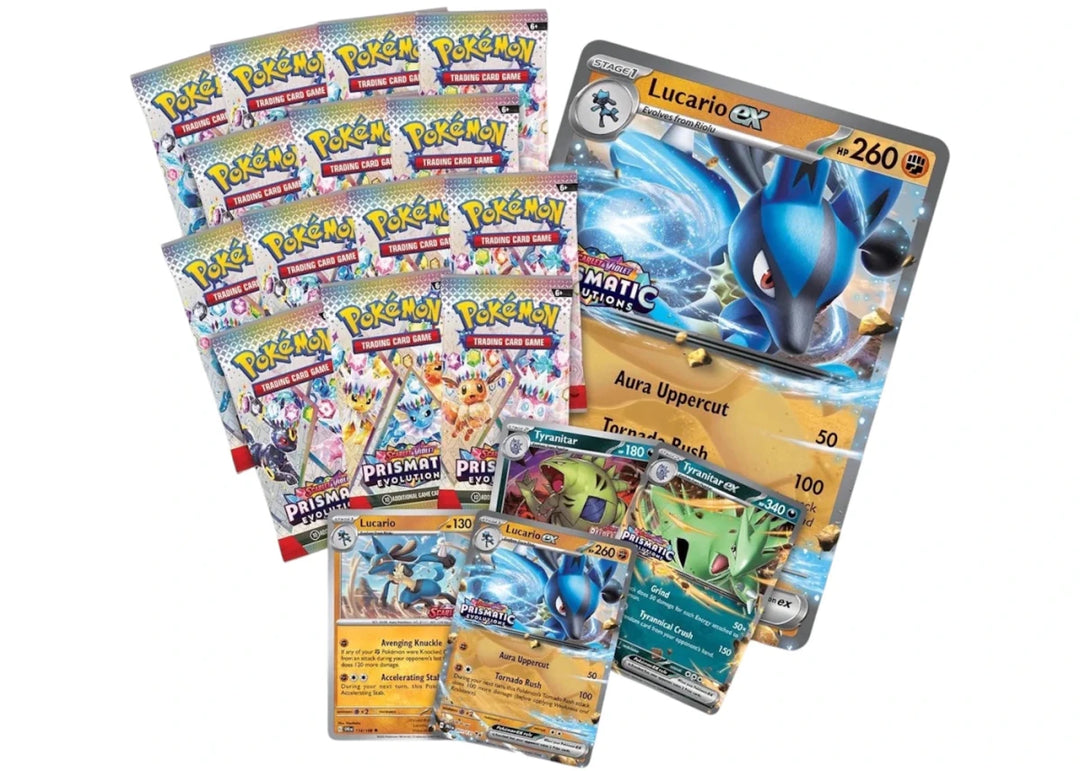 2025 Pokémon Scarlet &amp; Violet Prismatic Evolutions Lucario ex &amp; Tyranitar ex Premium Collection (Sam&