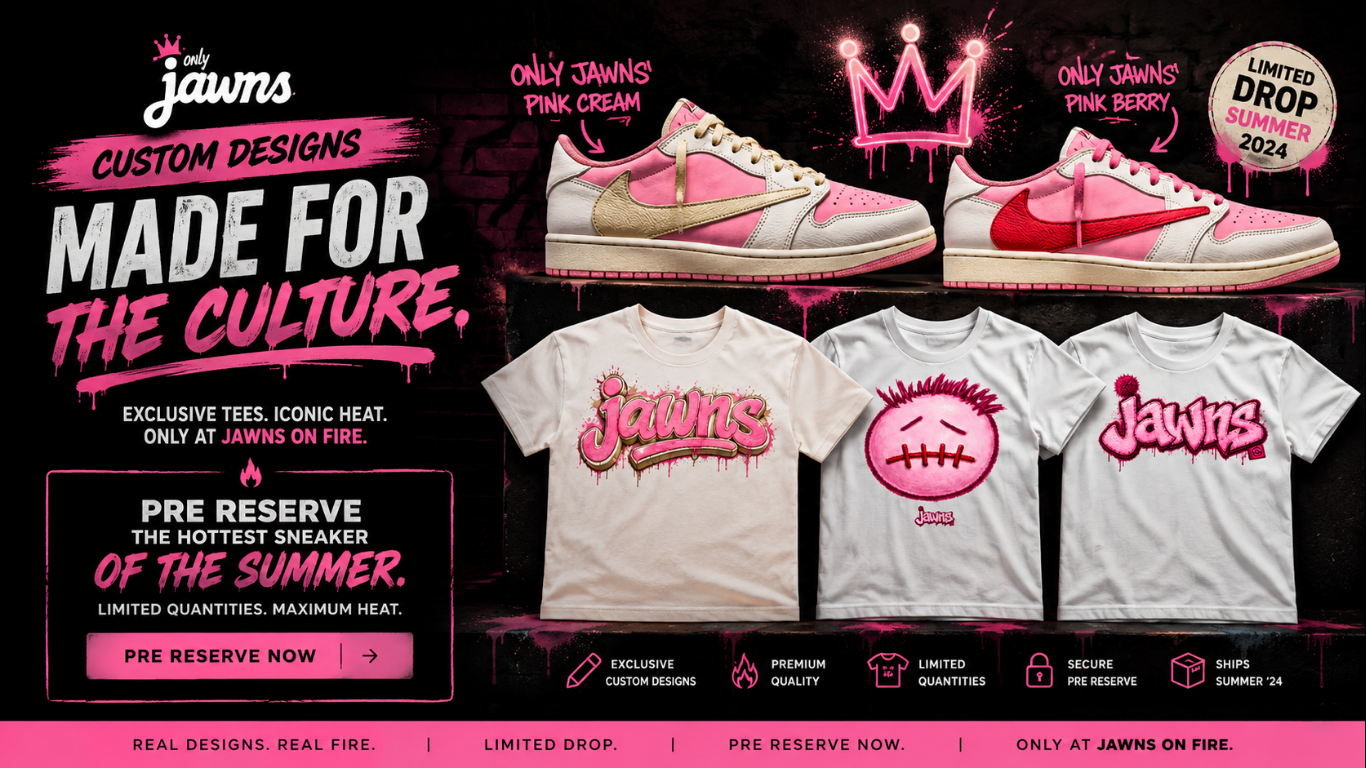 Promotional graphic for 'Only Jaws' custom designs featuring pink and white sneakers and t-shirts.