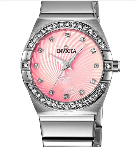 Invicta Angel Lady 27.8mm Silver Tone Case Pink Metal Dial Steel Band 70264