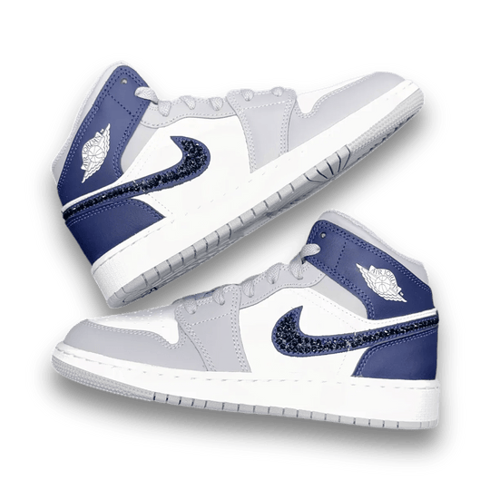 Blingy Jawns Air Jordan 1 Mid - White &amp; Navy - Grade School - Sneakers - Jawns on Fire Sneakers &amp; Shoes