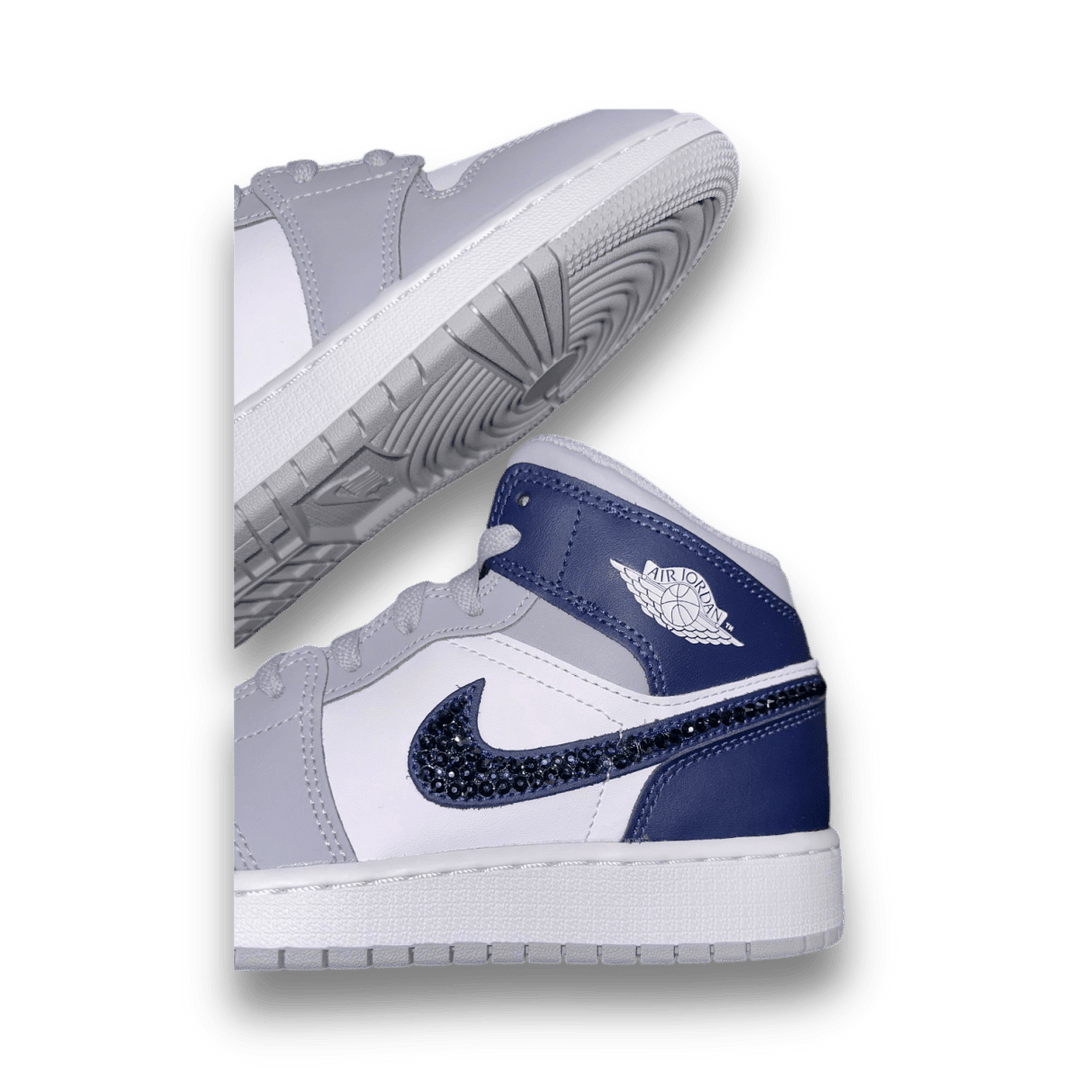 Blingy Jawns Air Jordan 1 Mid - White & Navy - Grade School - Sneakers - Jawns on Fire Sneakers & Shoes