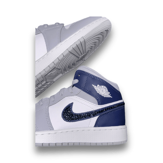 Blingy Jawns Air Jordan 1 Mid - White & Navy - Grade School - Sneakers - Jawns on Fire Sneakers & Shoes