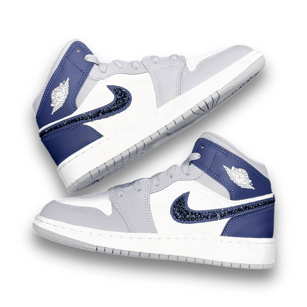 Blingy Jawns Air Jordan 1 Mid - White & Navy - Grade School - Sneakers - Jawns on Fire Sneakers & Shoes