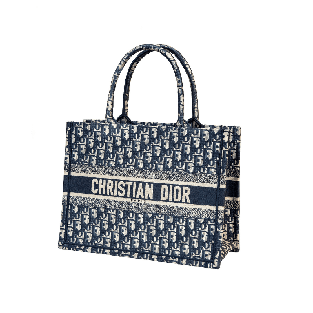 Christian Dior Medium Book Tote in Ecru and Blue Dior Oblique Embroidery - Handbags - Jawns on Fire Sneakers & Shoes
