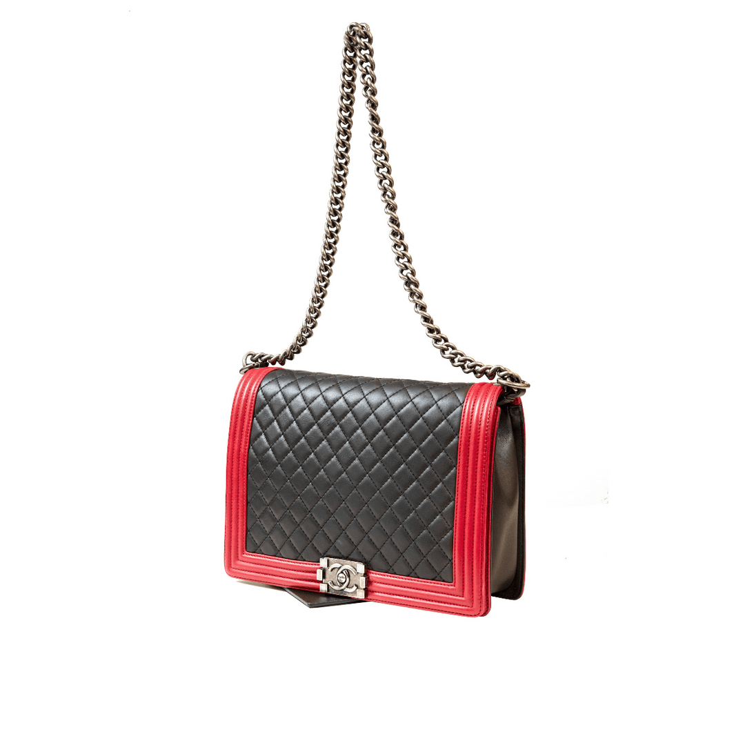 Chanel Jumbo Boy Black & Red Lambskin Crossbody 2 Way Bag