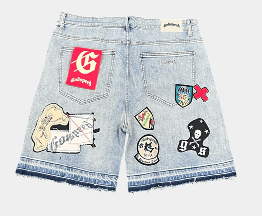 Godspeed Patchwork Cargo Shorts Blue Denim - Clothing - Mens - Jawns on Fire Sneakers & Shoes