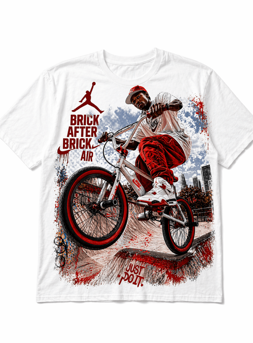 Jordan 4 Brick After Brick Riding Bike - Original Jawns - White T-Shirt - T-Shirt - Jawns on Fire Sneakers & Shoes