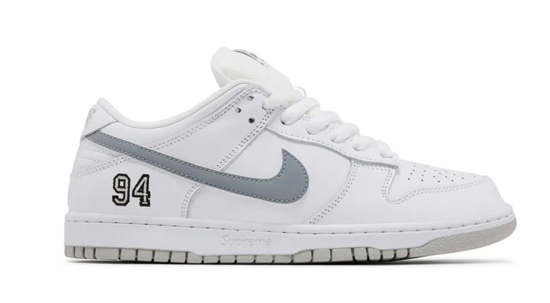 Nike SB Dunk Low Supreme 94 White Metallic Silver LEFT 9.5, RIGHT 9 - NEW - Sneakers - Jawns on Fire Sneakers & Shoes