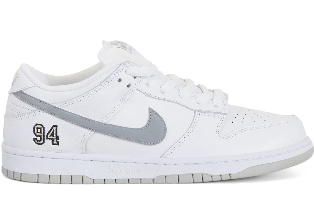 Nike SB Dunk Low Supreme 94 White Metallic Silver - Sneakers - Jawns on Fire Sneakers & Shoes