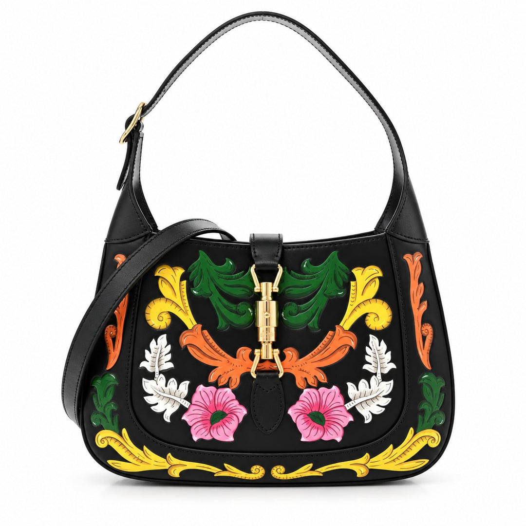 Gucci Calfskin Floral Embossed Jackie 1961 Leather Hobo Bag