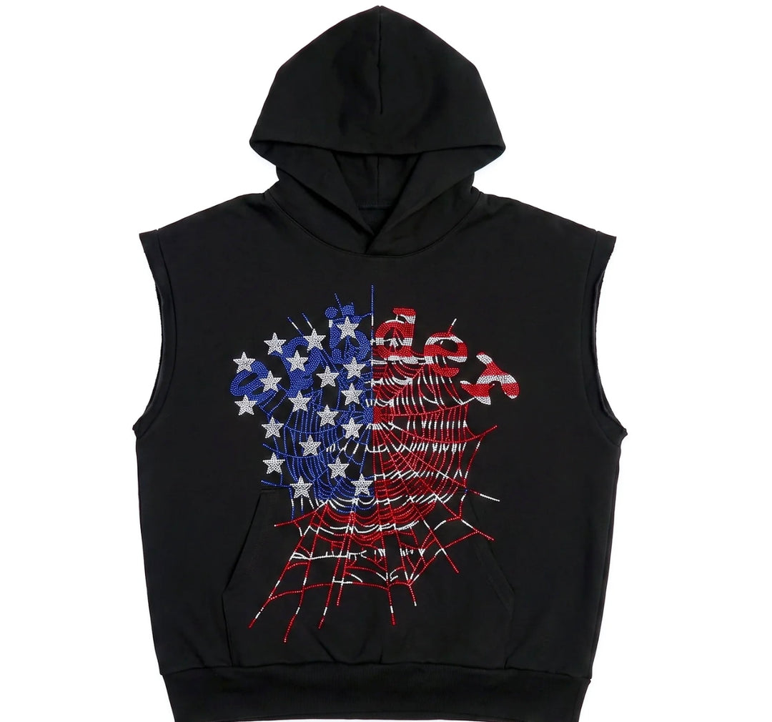 Sp5der Rhinestone Sleeveless Hoodie Black