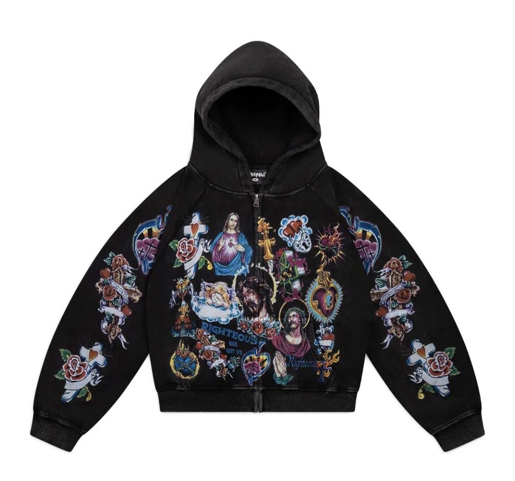 Righteous Risen King Zip Up Cropped Hoodie Black - Clothing - Mens - Jawns on Fire Sneakers & Shoes