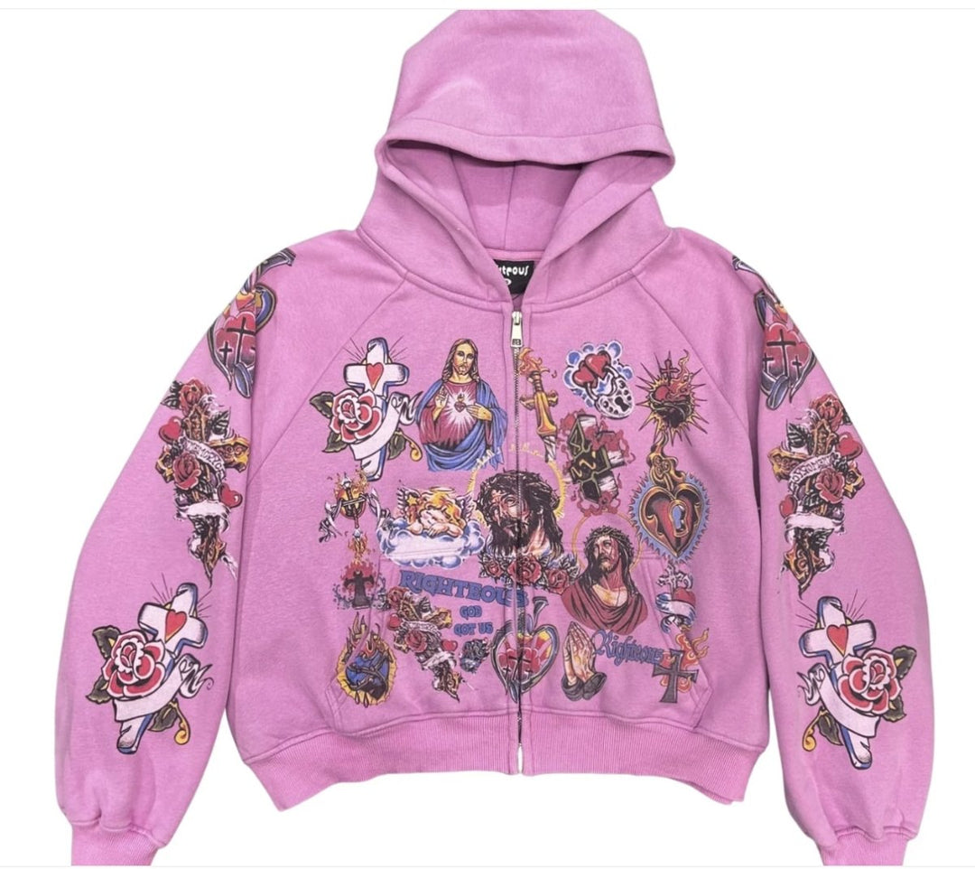 Righteous Risen King Zip Up Cropped Hoodie Purple - Clothing - Mens - Jawns on Fire Sneakers & Shoes