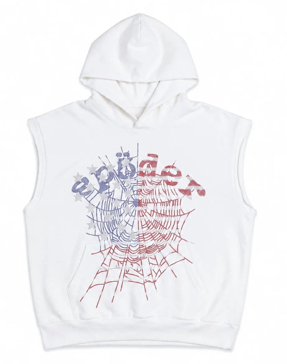 Sp5der Rhinestone Sleeveless Hoodie White - Clothing - Mens - Jawns on Fire Sneakers & Shoes