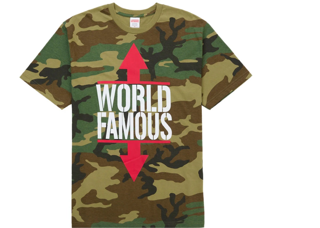 Supreme World Famous Tee Woodland Camo - Clothing - Mens - Jawns on Fire Sneakers & Shoes