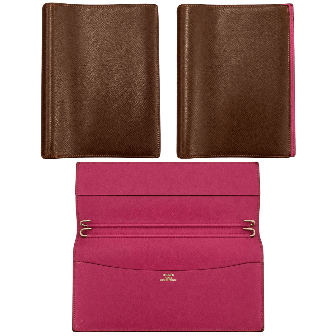 Hermes Leather Agenda Wallet Brown Pink Inside