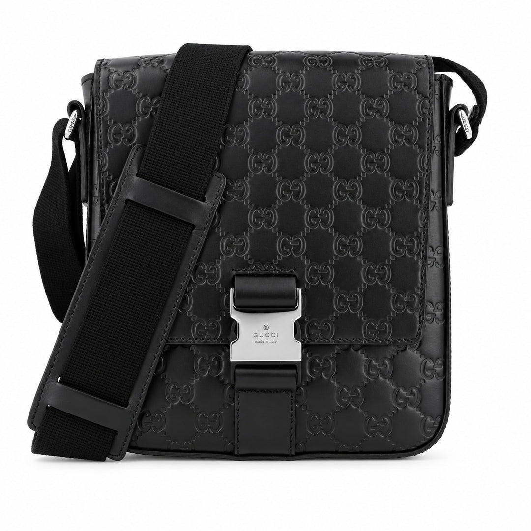 Gucci Guccissima Single Buckle Black Leather Messenger Bag