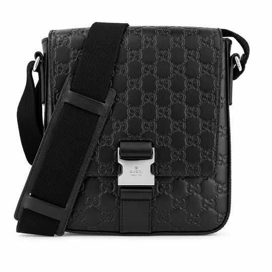 Gucci Guccissima Single Buckle Black Leather Messenger Bag