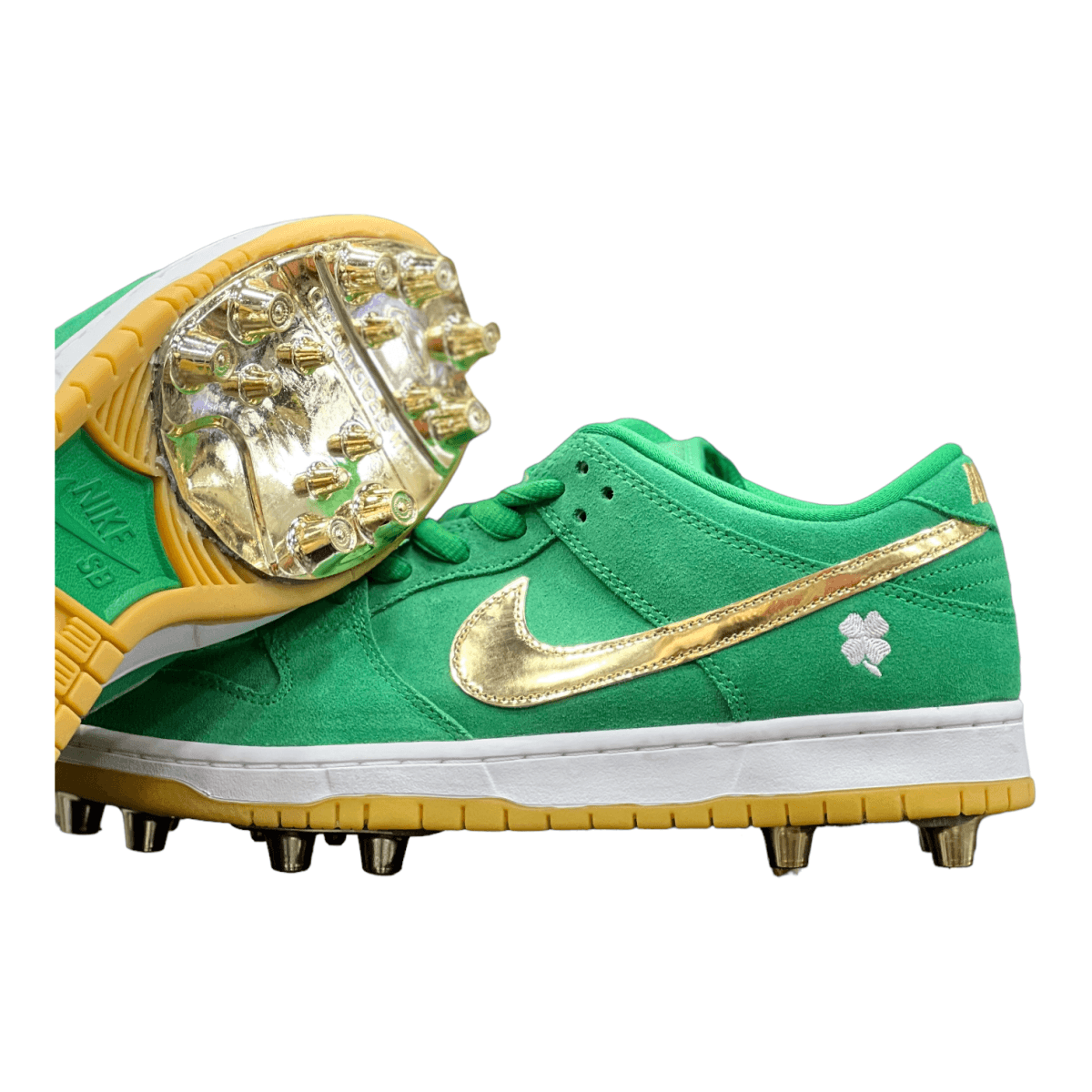 SB Dunk Low Pro St. Patrick's Day Custom Football or Baseball Cleat - Low Sneaker - Custom Cleats - Jawns on Fire