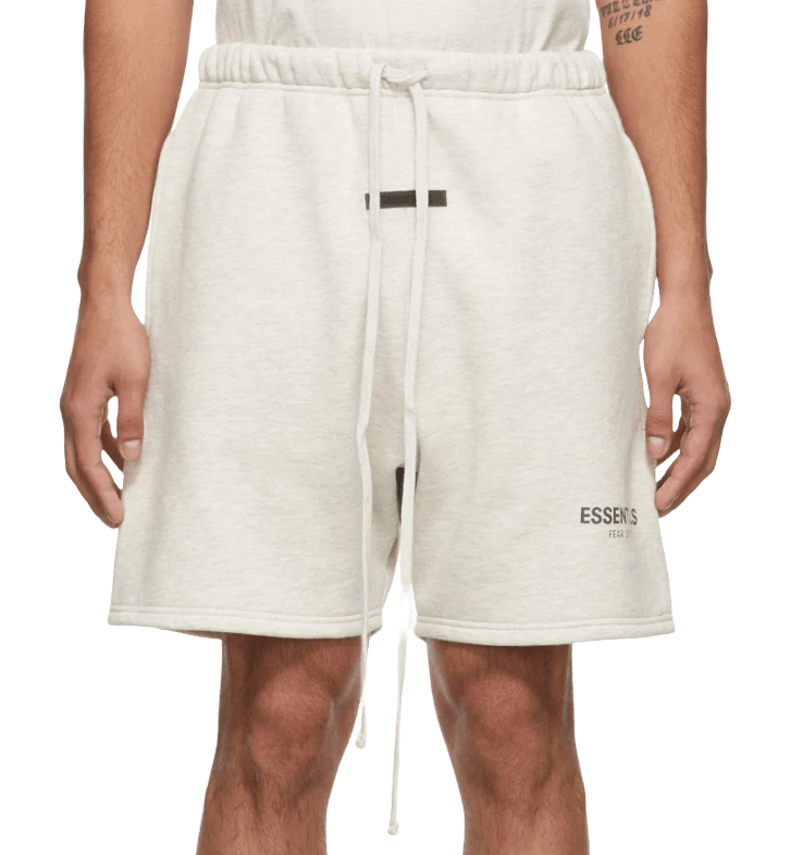 Essentials Fear of God Drawstring Fleece Shorts - Off White (Grey Letters) - sneaker - Bottoms - Essentials - Jawns on Fire
