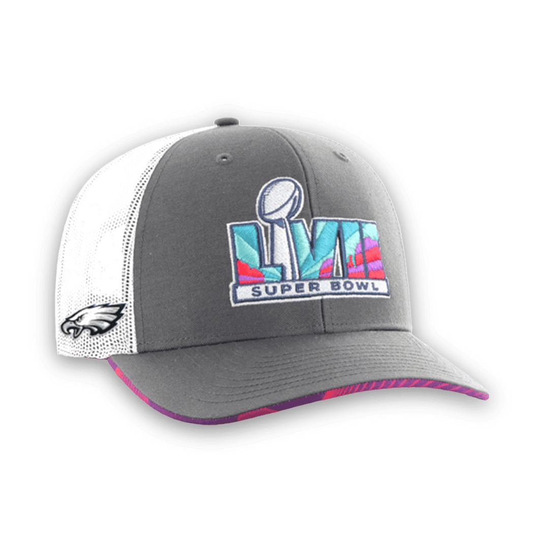 Eagles '47 Charcoal/White Super Bowl LVII Striation Trucker Adjustable Hat - Headwear - Jawns on Fire Sneakers & Shoes
