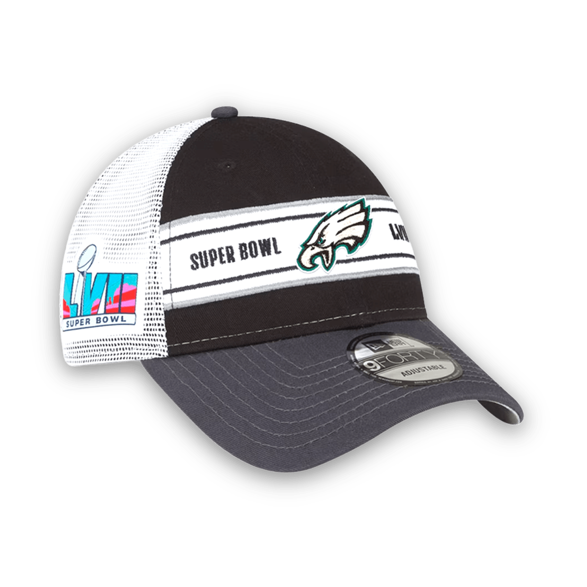 Eagles New Era Black/White Super Bowl LVII Trucker 9FORTY Adjustable Hat - Sweatshirt - Jawns On Fire - Jawns on Fire