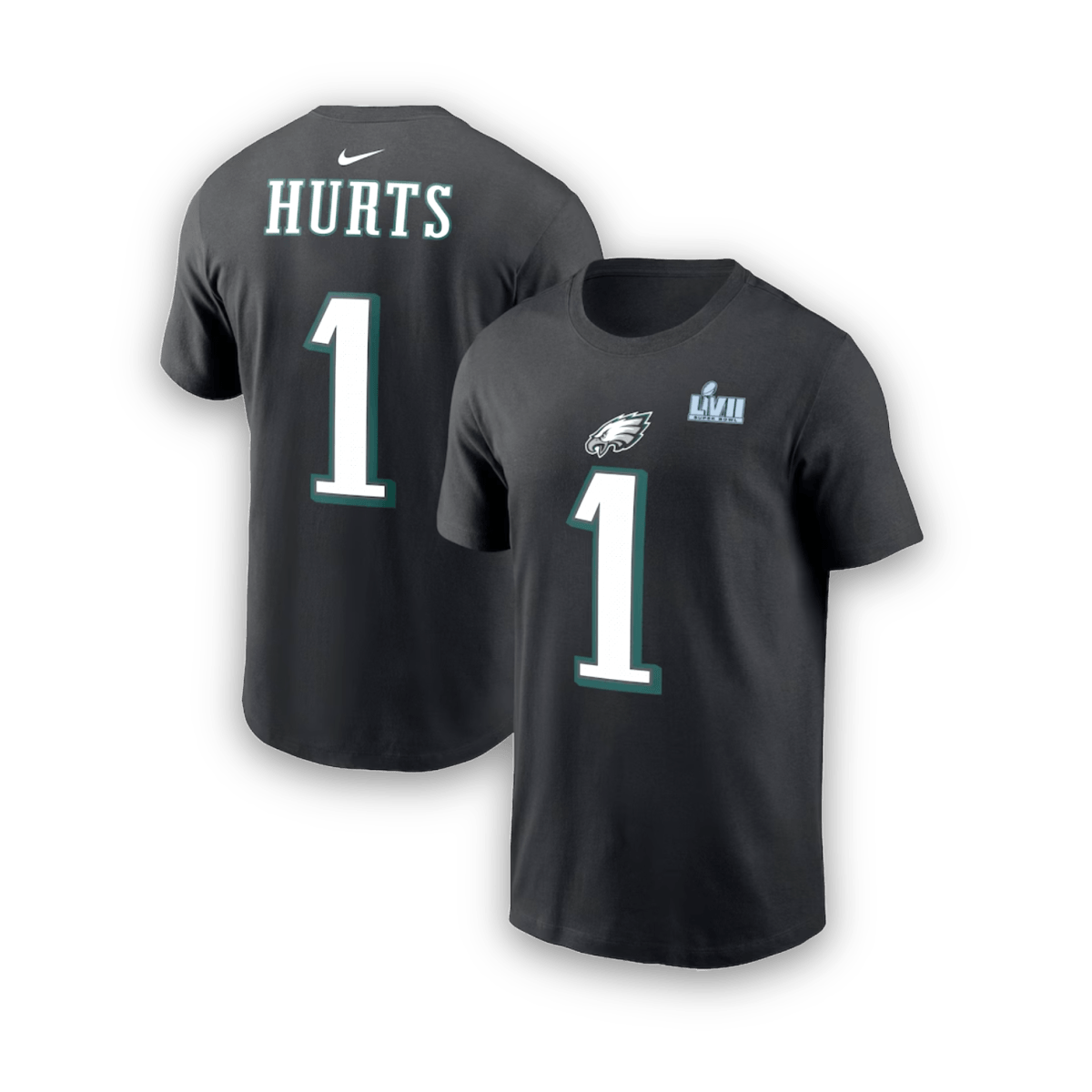 Jalen Hurts Black Philadelphia Eagles Super Bowl LVII Name & Number T-Shirt - Jersey - Nike - Jawns on Fire