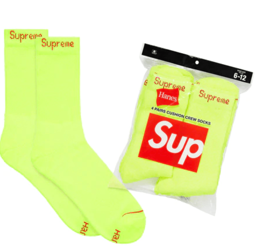Supreme Hanes Crew Socks Fluorescent Yellow (4 Pack) - Outerwear - Jawns on Fire Sneakers & Streetwear
